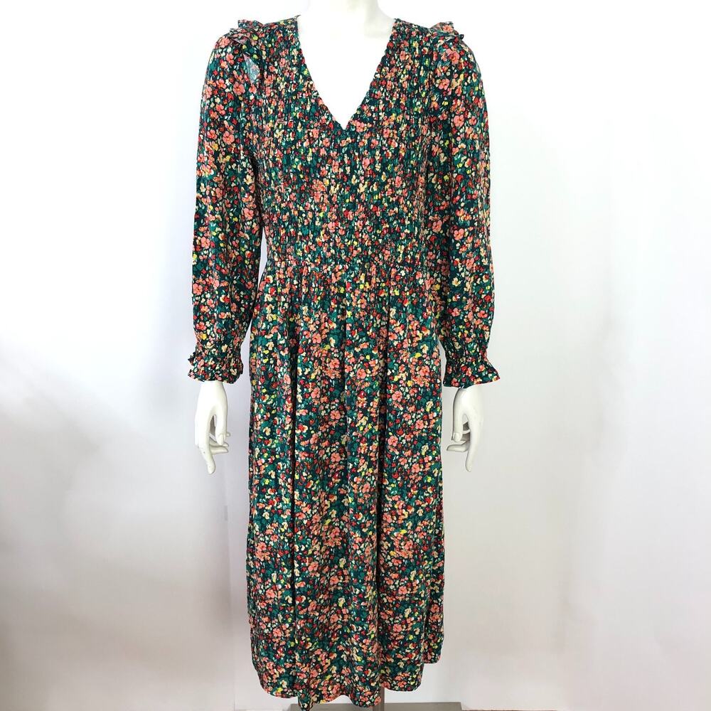 J.Crew Factory XS V-Neck Smocked Midi Midi Dress All Over Print BK526 MINT
